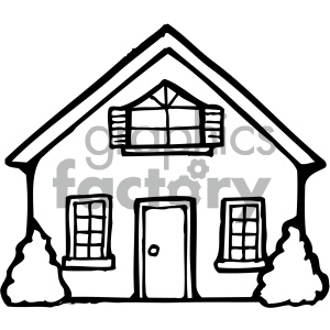 Black and white clipart illustration of a house with two windows, a front door, and bushes on either side.