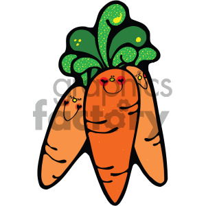 A cheerful clipart image featuring three orange carrots with smiling faces and green leafy tops, illustrating a playful and happy vegetable theme.