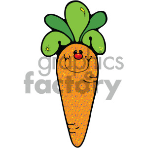 A clipart image of a smiling carrot with green leaves and a colorful, speckled orange body.