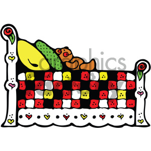 Clipart image of a bed with colorful patchwork quilt, including red, yellow, and white squares, two pillows (one green and one yellow), and a teddy bear resting on the bed. The bedposts feature heart and rose designs.