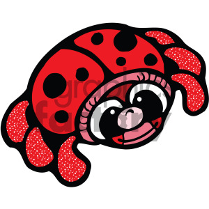 A cheerful cartoon ladybug with a red body, black spots, big eyes, and a wide smile.