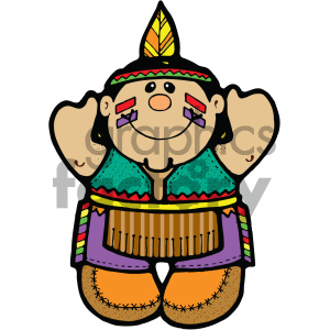 A cute cartoon character representing a person dressed in a colorful, traditional Native American outfit with a feathered headdress.