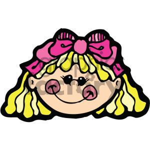 A cute cartoon-style illustration of a girl's face with big eyes, rosy cheeks, and a pink bow in her blonde hair.