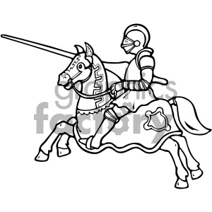 Clipart image of a medieval knight riding a horse, equipped with armor and holding a lance.