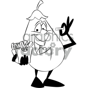 Black and white cartoon eggplant eating french fries