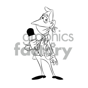 Black and white clipart of a cartoon character holding a microphone. The character appears to be a reporter or journalist dressed in a suit and tie, with a gag over his mouth