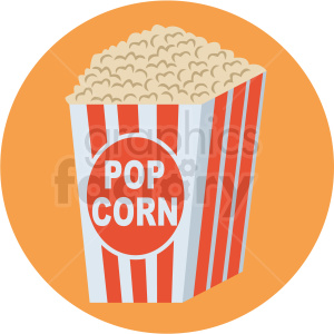 Clipart image of a popcorn bucket with red and white stripes on an orange circle background.