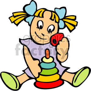   The image is a colorful clipart depicting a cartoon child sitting down and playing with a stack of rings, which is a classic children