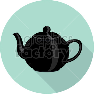 Clipart of a black teapot with a handle and spout on a teal circular background.