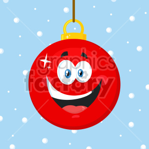 Happy Red Christmas Ball Cartoon Mascot Character Vector Illustration Flat Design Over Background With SnowFlakes