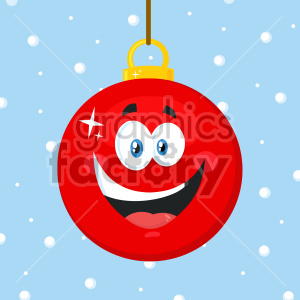 A cheerful red Christmas ornament with a smiling face, set against a snowy background.