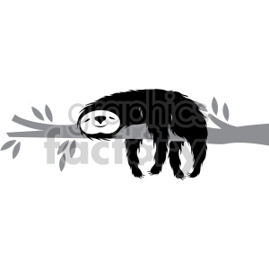 The image is a black and white clipart of a three-toed sloth hanging upside down from a tree branch. The sloth appears relaxed and is possibly sleeping. The tree branch is depicted with leaves, which adds to the natural habitat aspect of the image.
