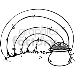 A black and white clipart image featuring a rainbow, a pot of gold, and clovers, often associated with St. Patrick's Day and Irish folklore.