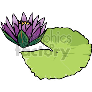 Clipart image of a purple lotus flower with a green lilypad.