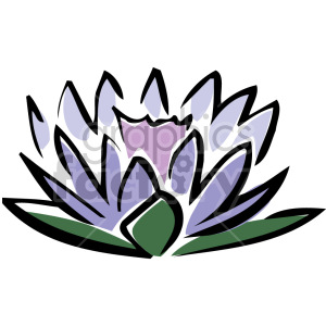 A stylized clipart illustration of a purple lotus flower with green leaves.