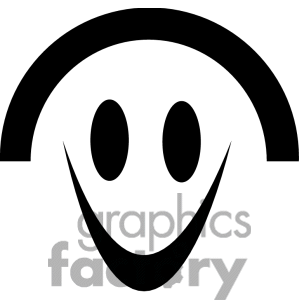 The image is a simple black and white clipart of a smiling face. The face is depicted with two solid black dots for eyes and a broad, curved line for a smile, all underneath a curved shape that resembles a simplified hairline or the outline of the top of the head. The elements are arranged against a white background, creating a stark contrast.