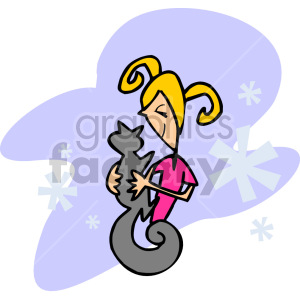 A cartoon girl with a ponytail holding a gray cat against a purple background with decorative stars.