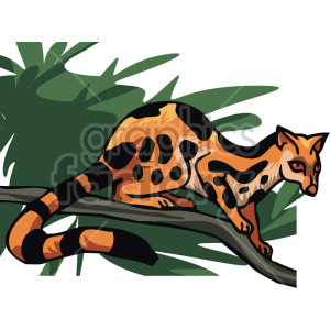 This clipart image shows a speckled lemur walking along a branch. It has an orange-brown colored fur, with black patches and stripes across it.