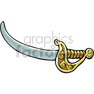 Clipart image of a pirate sword with a decorated golden hilt and a curved blade.