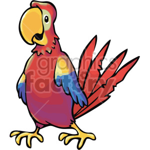 A colorful clipart parrot with a vibrant red body, blue wings, yellow beak, standing on yellow claws. The parrot has an expressive face and tropical vibes.