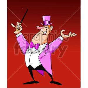 Clipart image of a cartoon magician  in a lively pose. He is wearing a bright pink suit, matching bow tie, and top hat while holding a magic wand