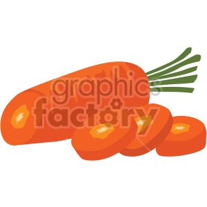 This clipart image features an illustration of a whole carrot and three carrot slices, emphasizing the vibrant orange color and green leafy top.