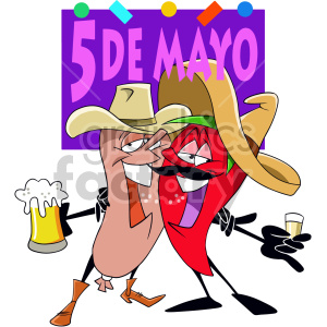 A Cinco de Mayo themed cartoon image featuring a cheerful chili pepper and sausage character wearing cowboy hats and boots, celebrating with drinks in hand.