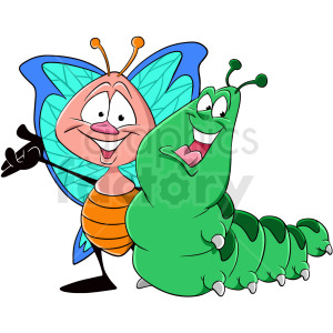The clipart image features a cartoon butterfly and a cartoon caterpillar. The butterfly has blue wings with a trace of light blue pattern, an orange body, and is smiling with a friendly expression. Its right hand (wing) is extended, seemingly in a friendly gesture. The caterpillar is green with a lighter green belly and a joyful, open-mouthed smile. Both characters have two antennas and appear to be on or near a green leaf, indicating their friendly and jovial interaction.