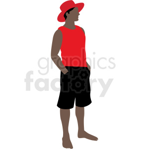 Clipart image of a man wearing a red tank top, red hat, and black shorts, standing with hands in pockets.