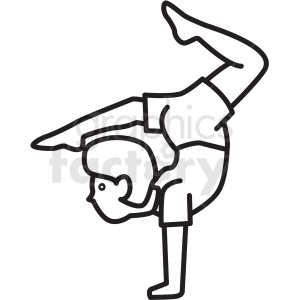 A simple black and white clipart illustration of a person performing a one-handed handstand.