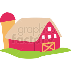 A colorful clipart image of a barn with a silo and green grass.