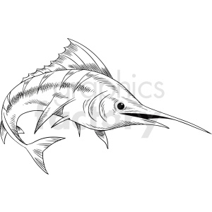 Black and white clipart image of a marlin fish with detailed outlines and shading.