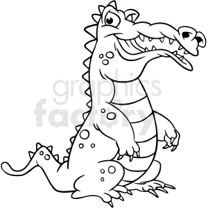 The image is a black and white clipart depicting a cartoon alligator. The alligator is standing upright on its hind legs, with a large grin showing off sharp teeth, and has a slightly animated and whimsical appearance.