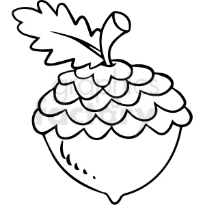 Clipart image of an acorn with a cap and a leaf attached to its stem.