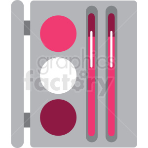 Clipart of a makeup palette with three circular color options in pink, white, and dark red, and two slim tube applicators filled with pink product.