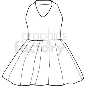 Clipart image of a simple, sleeveless dress with a V-neck and a flared skirt in a black outline.