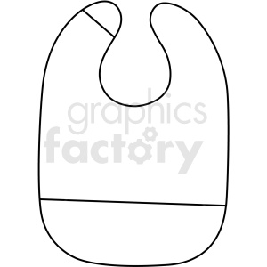 A simple black and white clipart image of a baby bib with a neck opening and a pocket at the bottom.