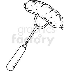 A black and white clipart illustration of a sausage being held on a roasting stick, typically used for campfires or barbecues.