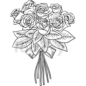   The clipart image shows a bouquet of roses in black and white. The roses are arranged in a tight cluster with their stems overlapping and forming a neat bundle. The image is likely associated with Valentine