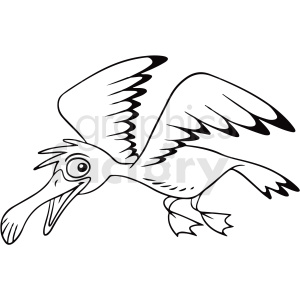 A black and white clipart image of a cartoon seagull in flight with an open beak and large wings.
