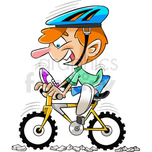 The clipart image depicts a cartoon character, specifically a male mountain biker, riding a bicycle. He is shown in a side profile view and is wearing a helmet, gloves, and knee pads for protection. The background shows a mountainous terrain with trees and rocks.
