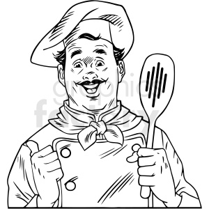 Clipart illustration of a happy chef wearing a traditional hat and apron, holding a spatula with one hand and giving a thumbs-up with the other.