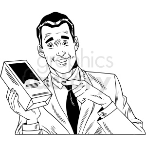 Black and white clipart illustration of a smiling man in a suit, holding and pointing at a boxed product.