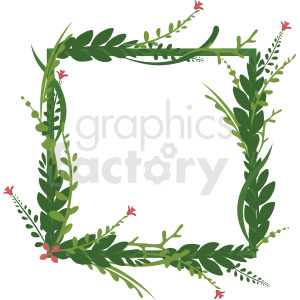 A square botanical frame made of green leaves and small red flowers, ideal for nature-themed projects.