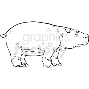 The image is a black and white line drawing of a hippopotamus. The illustration is stylized in a way that is typical for clipart, depicting the animal standing with its side profile facing towards the right of the image. The hippo is portrayed with simple lines and shapes to detail its body structure.