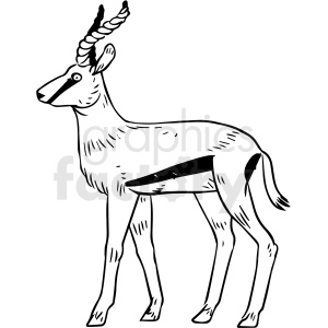 Black and white clipart of a standing gazelle with twisted horns.