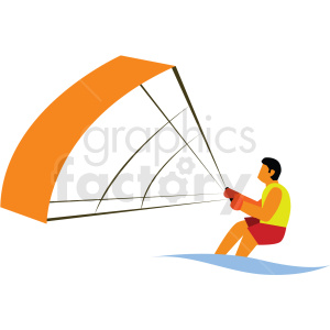 Clipart image of a person engaged in kite surfing, holding onto a kite while sitting on water.