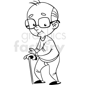 A cartoon-style black and white illustration of an elderly man with glasses, smiling and holding a cane.