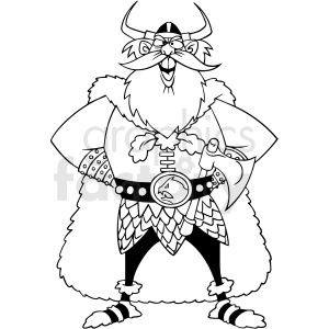 A cartoon viking warrior with a horned helmet, bushy mustache, and fur cloak, holding an axe with a confident stance.