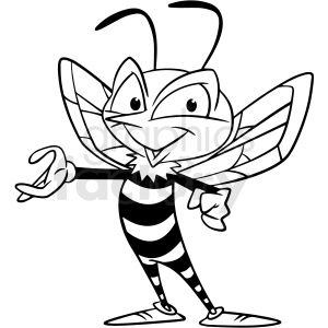 Black and white clipart image of a cartoon bee character with a cheerful expression, striped body, and large wings.